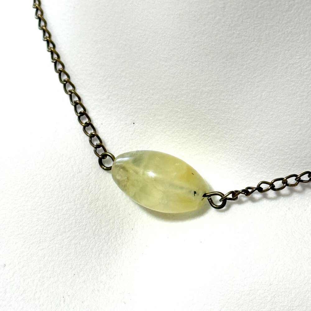 2/$20, Light Yellow Green Prehnite Short Necklace, Genuine Gemstone Bronze Chain